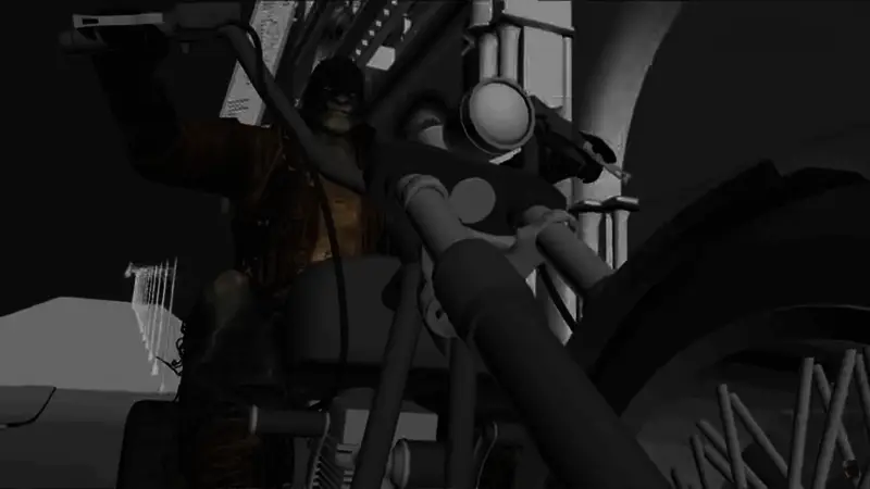 达米安·韦恩在哥谭市上空飞跃的早期开发截图