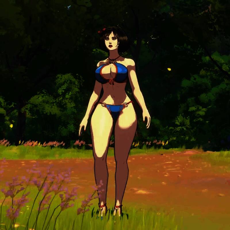 白雪公主身着比基尼泳装，背景为梦幻城堡场景