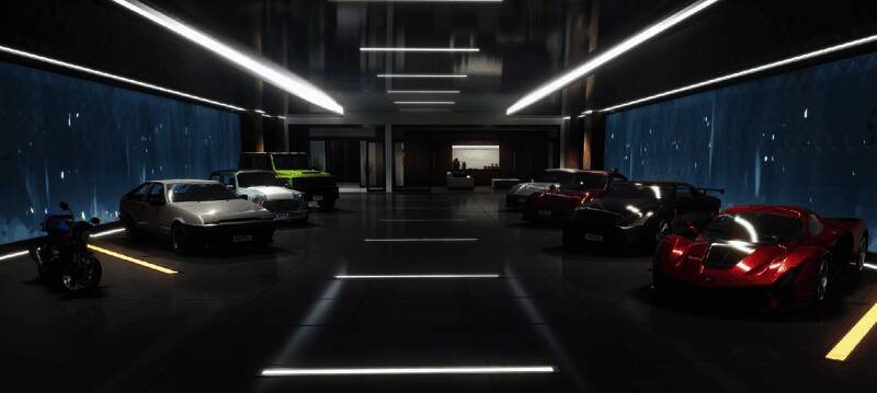 车库内部特写，金属质感墙面与地面反射出冷峻光泽，氛围感十足