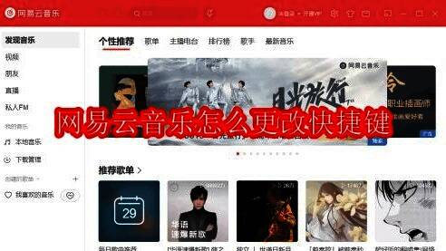 网易云音乐主界面展示，界面简洁美观，顶部有多个功能按钮