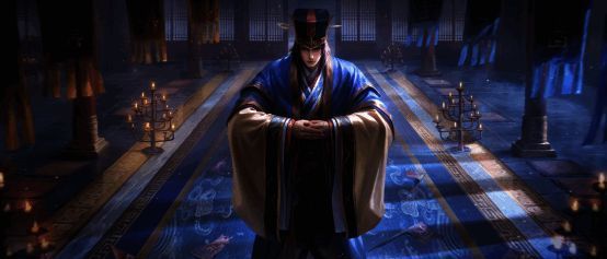 谋荀彧阴形态形象展示，身着暗色战袍，眼神凌厉，手持权杖