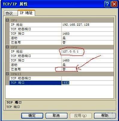 TCP/IP协议设置中IP地址127.0.0.1启用界面截图