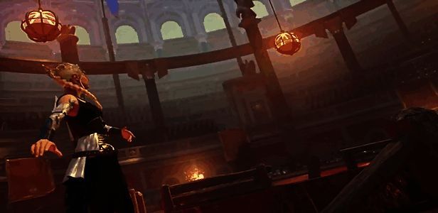 游戏场景截图，展现主角在破败宫殿中穿梭，背景弥漫着浓厚的雾气与古老符号