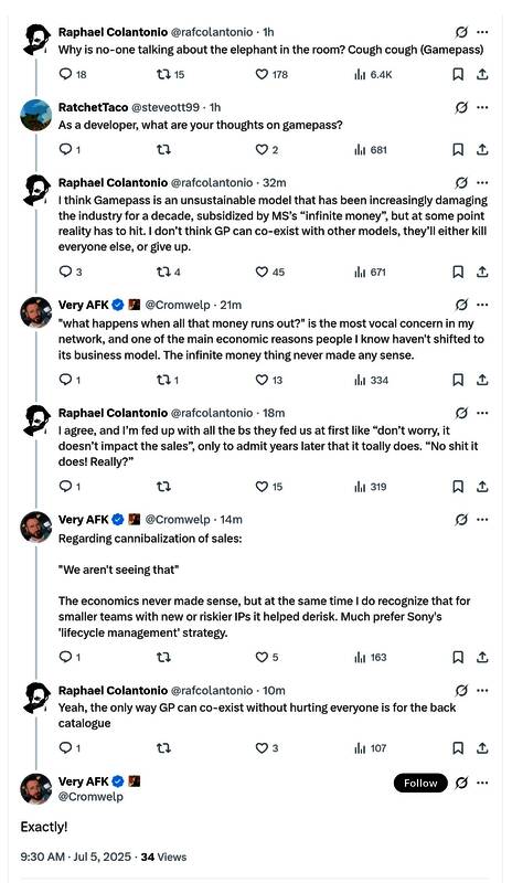 关于Game Pass讨论的社交媒体截图，展示粉丝与开发者之间的互动