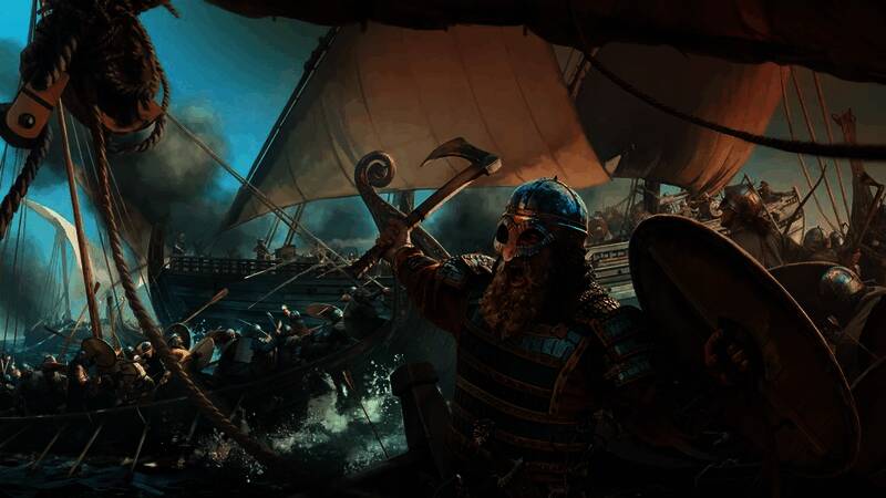《骑马与砍杀2》战帆资料片宣传图，展示海上战斗场景，战船在波涛汹涌的海面上激烈交火，背景可见北欧风格的海岸线与堡垒