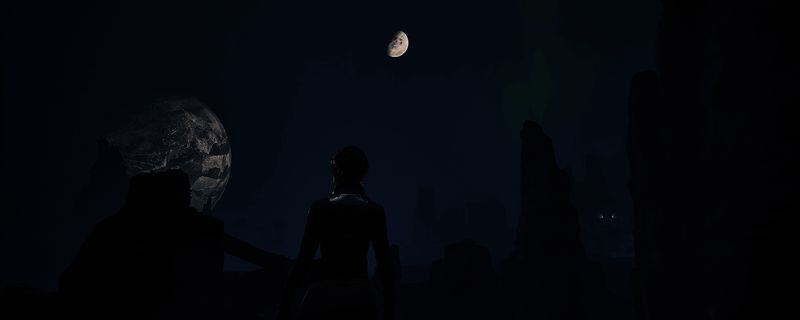 《沙丘：觉醒》中角色在黎明时分进行水资源采集的画面，环境呈现干燥荒凉的沙漠景象