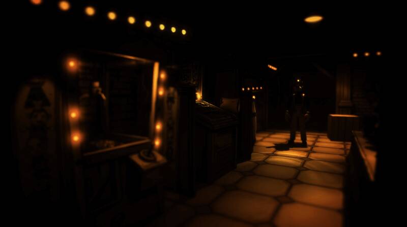 游戏中主角鲍里斯手持扳手，在昏暗的墨色走廊中警惕前行，背景中隐约可见恐怖怪物轮廓