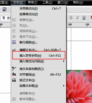 菜单栏显示文本选项下包含插入符号字符功能