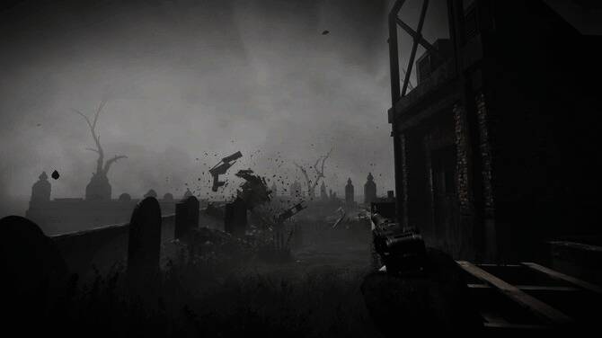 角色站在高处俯瞰被污染的城市废墟，远处有巨型怪影出没