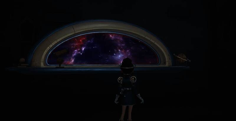 ‘宇宙舷窗’家具展示图，画面中央为一个圆形舷窗，窗外是璀璨星河与漂浮的陨石