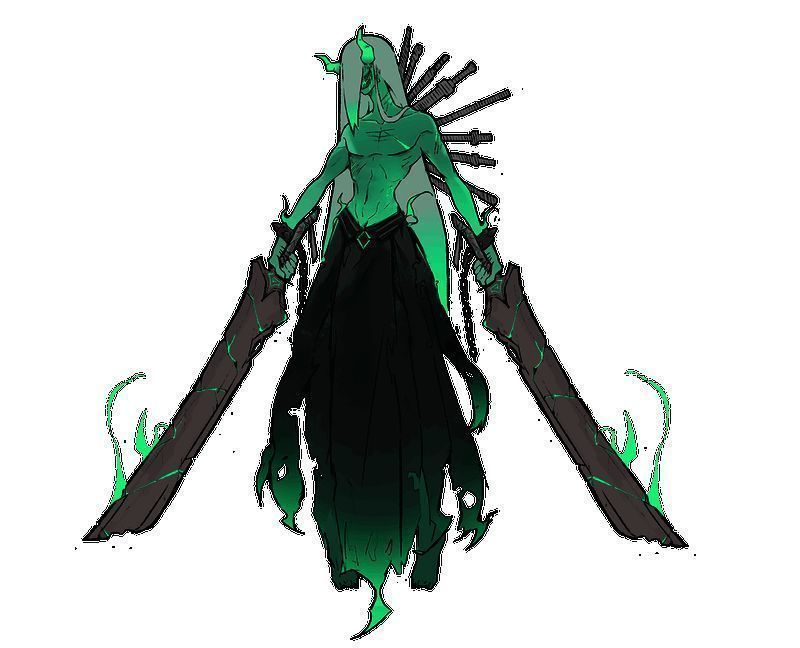 双刀魔插地后引发能量波动，弹幕四散而出的特效场景