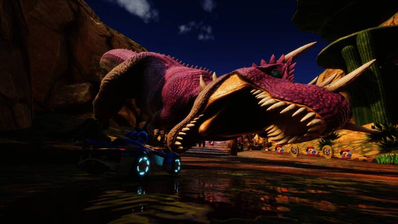 游戏实机画面，展示多个角色在复杂赛道上激烈角逐的场景