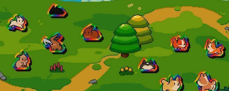 游戏内动物交配界面展示，两只小动物正在互动，背景有神秘草帘图案