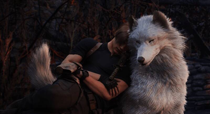 里昂手持武器警戒的特写，面部表情坚毅，背景为昏暗的地下设施