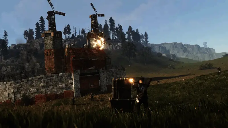 玩家在荒野中搭建基地，远处可见其他玩家潜伏