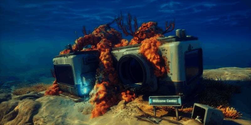 《深海迷航》开发团队合影，背景为工作室标志