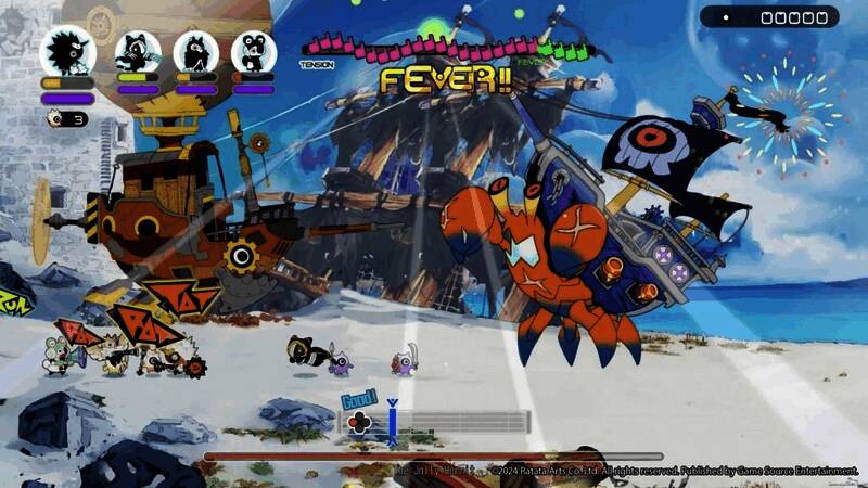 《RATATAN》游戏场景截图，角色在节奏战斗中挥舞武器，背景呈现复古像素风格