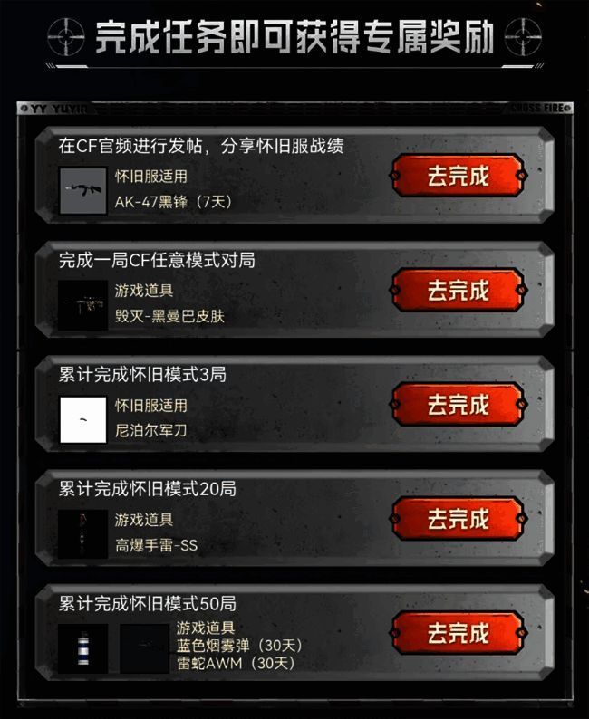 游戏内任务界面截图，显示完成指定任务可获取的怀旧模式专属道具列表