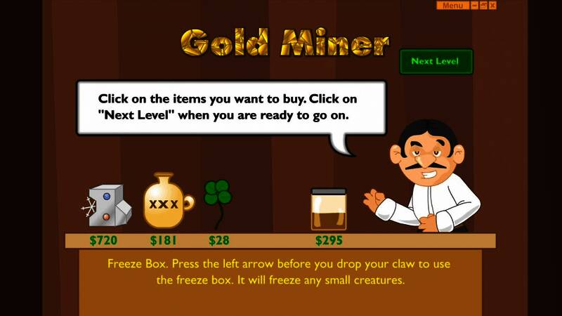 游戏场景展示经典像素风格，角色手持钩子正在挖掘黄金