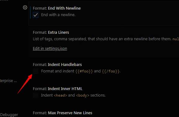 format indent handlebars选项已被勾选，表示功能已启用