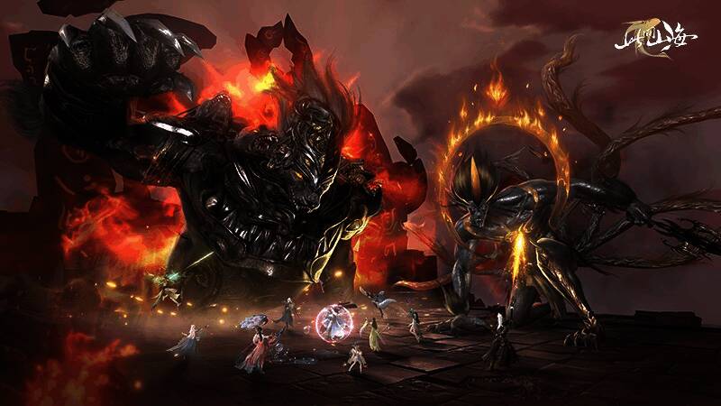 玩家在秘境中与巨型BOSS战斗，角色技能特效绚丽