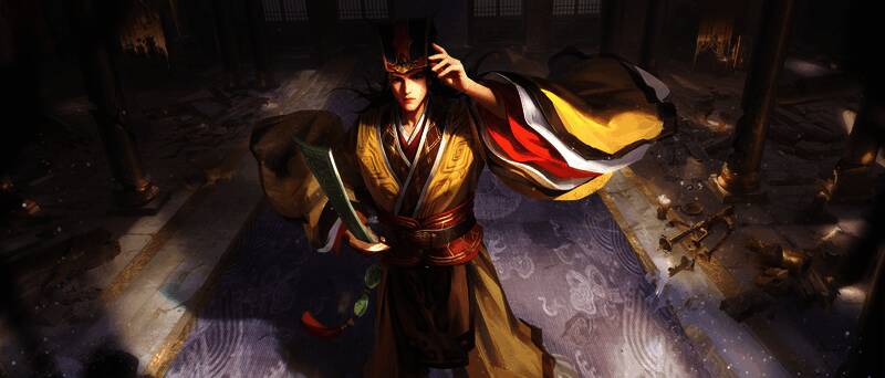 谋荀彧阳形态展示，身着朝服，手持策书，背景为汉宫夜景