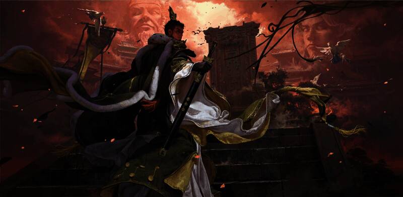 威孙权传说皮肤展示，金甲加身，气势磅礴，背景为江上战船列阵