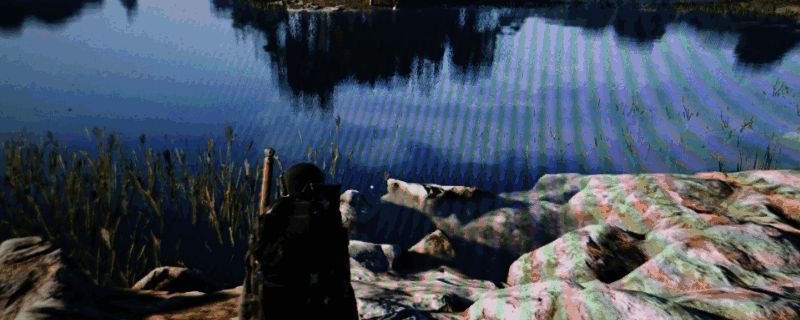 梅花湖中心岛全景图，四周被水域环绕，中央巨石下可见洞口