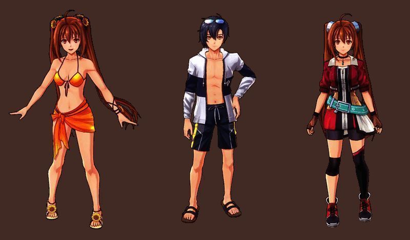 《空之轨迹 the 1st》角色换装展示图，艾丝蒂尔与约书亚身穿夏日风格服装