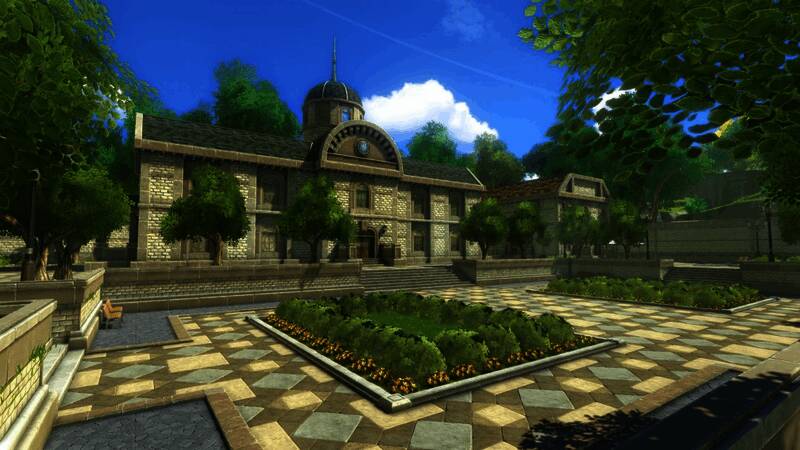 杰尼斯王立学园外观图，古典建筑群落宏伟壮丽，学生在庭院中交流学习