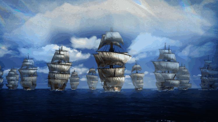 激烈海战场面，炮火四起，多艘战舰正在交战