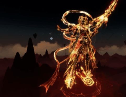 火尖枪技能释放特效展示，红色火焰缭绕枪身，威力惊人