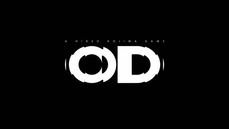 小岛秀夫在展会上介绍《OD》概念图，背景为神秘光影交错的未来城市