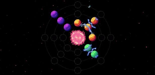 游戏界面展示轨道环旋转中的行星排列状态，呈现出动态策略布局