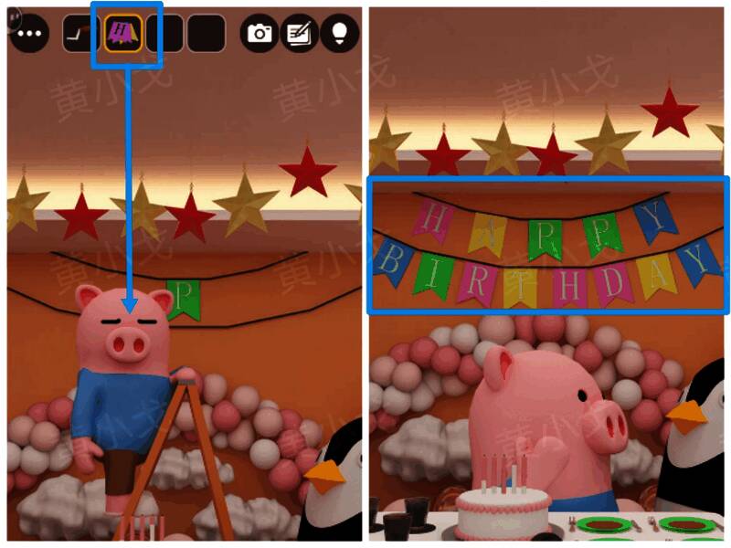 小猪正在挂起彩色旗帜，旗帜上印有不同字母标识