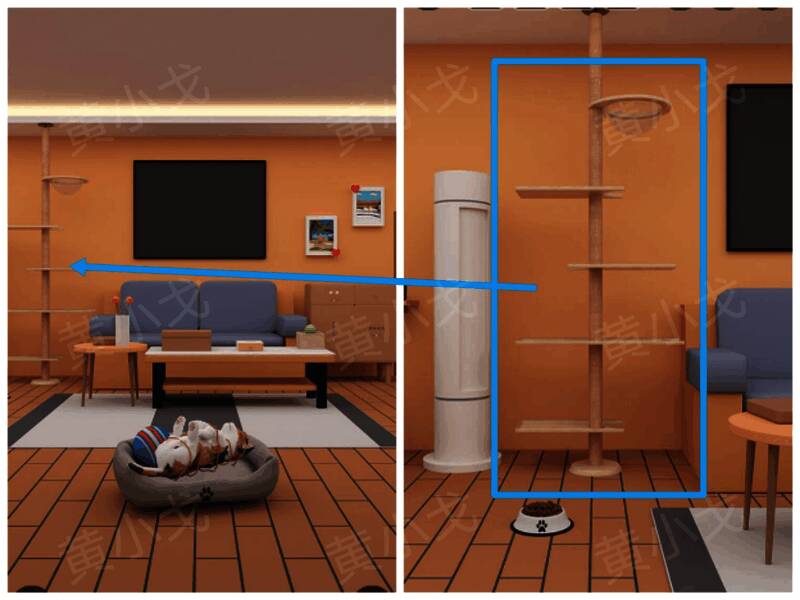 客厅场景中的猫爬架特写，周围摆放着装饰物和礼物盒