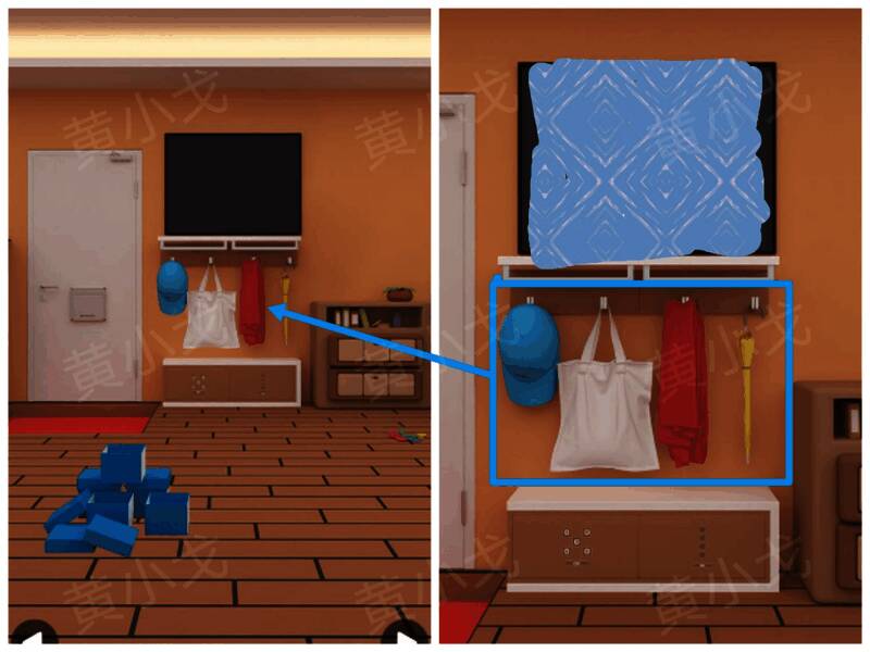 玄关挂钩上的彩色物品排列，依次为蓝色、白色、红色和黄色