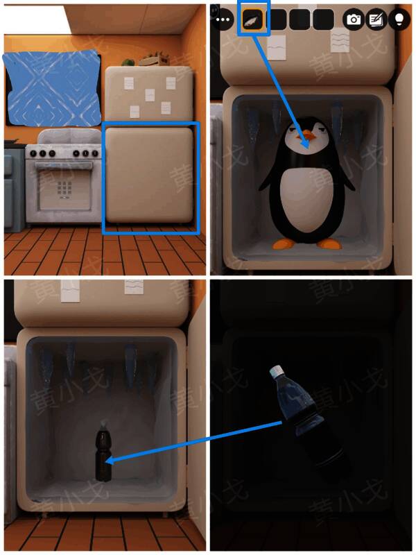 厨房冰箱冷冻层内，企鹅站在鱼旁边，背景为冰霜效果