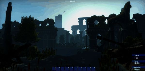 游戏场景截图，显示一座正在建设中的小商店，周围有零星的建筑和道路规划