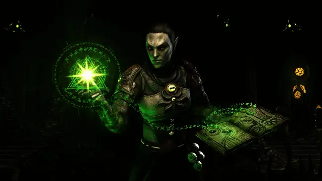 ZeniMax在线工作室标志与《上古卷轴OL》游戏画面结合展示