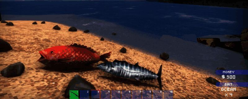 游戏中玩家正在湖边垂钓的宁静场景，周围绿树环绕，水面波光粼粼