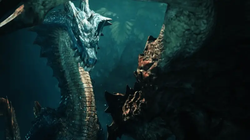 《怪物猎人：荒野》游戏画面，角色在野外与巨型怪兽激烈对抗