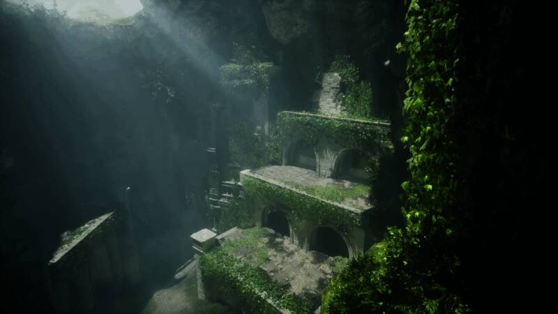 游戏画面展示角色在废墟中战斗的场景，背景光影交错，充满科幻感