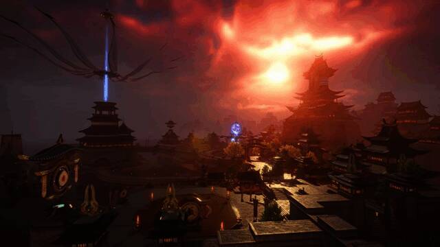 赤偃城全景展示，悬浮飞船与偃甲穿梭于东方赛博风格的城市街道中