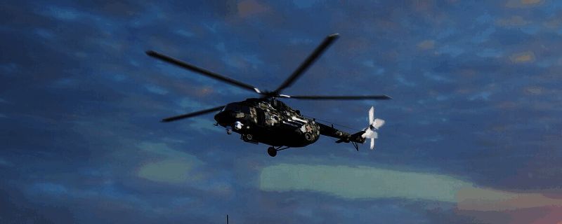 《断箭》游戏中小鸟直升机飞行场景，机身小巧，飞行于城市高楼之间