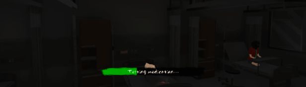 角色坐在家中沙发上休息，屏幕上显示状态条与心情变化