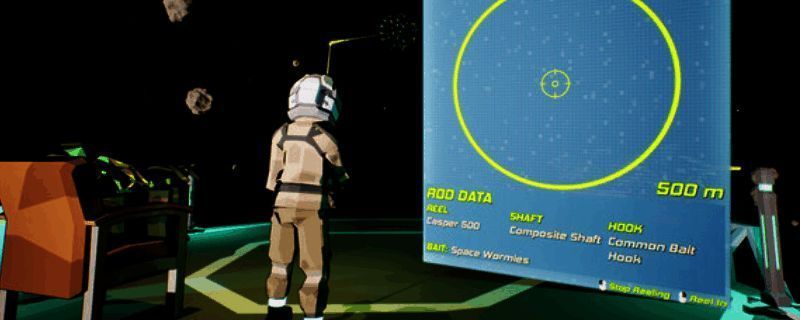 玩家操控角色在太空中钓鱼的场景，背景为绚丽的星云