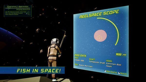 太空钓竿特写展示，显示高科技配件与界面操作