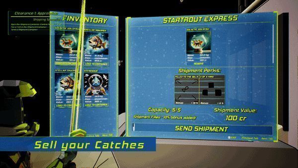 玩家将捕获的鱼装箱准备运送的画面，箱子上标注着奖励标识