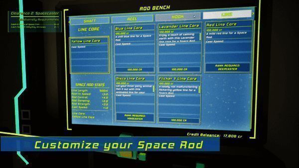 多种太空钓竿配件排列展示，包括钩子、诱饵、连接器等